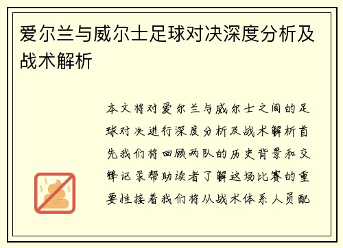爱尔兰与威尔士足球对决深度分析及战术解析
